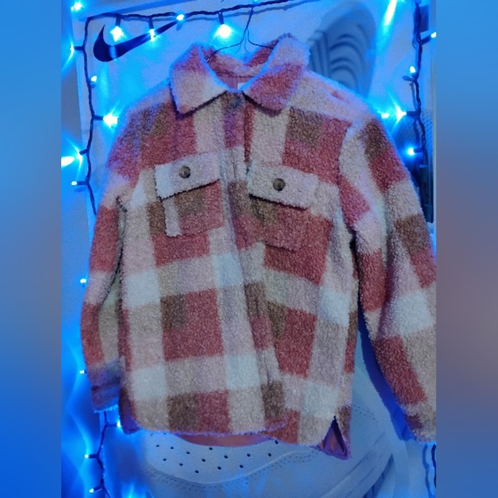 SHEIN Pink and Brown Checkered Kids Puffer Jacket